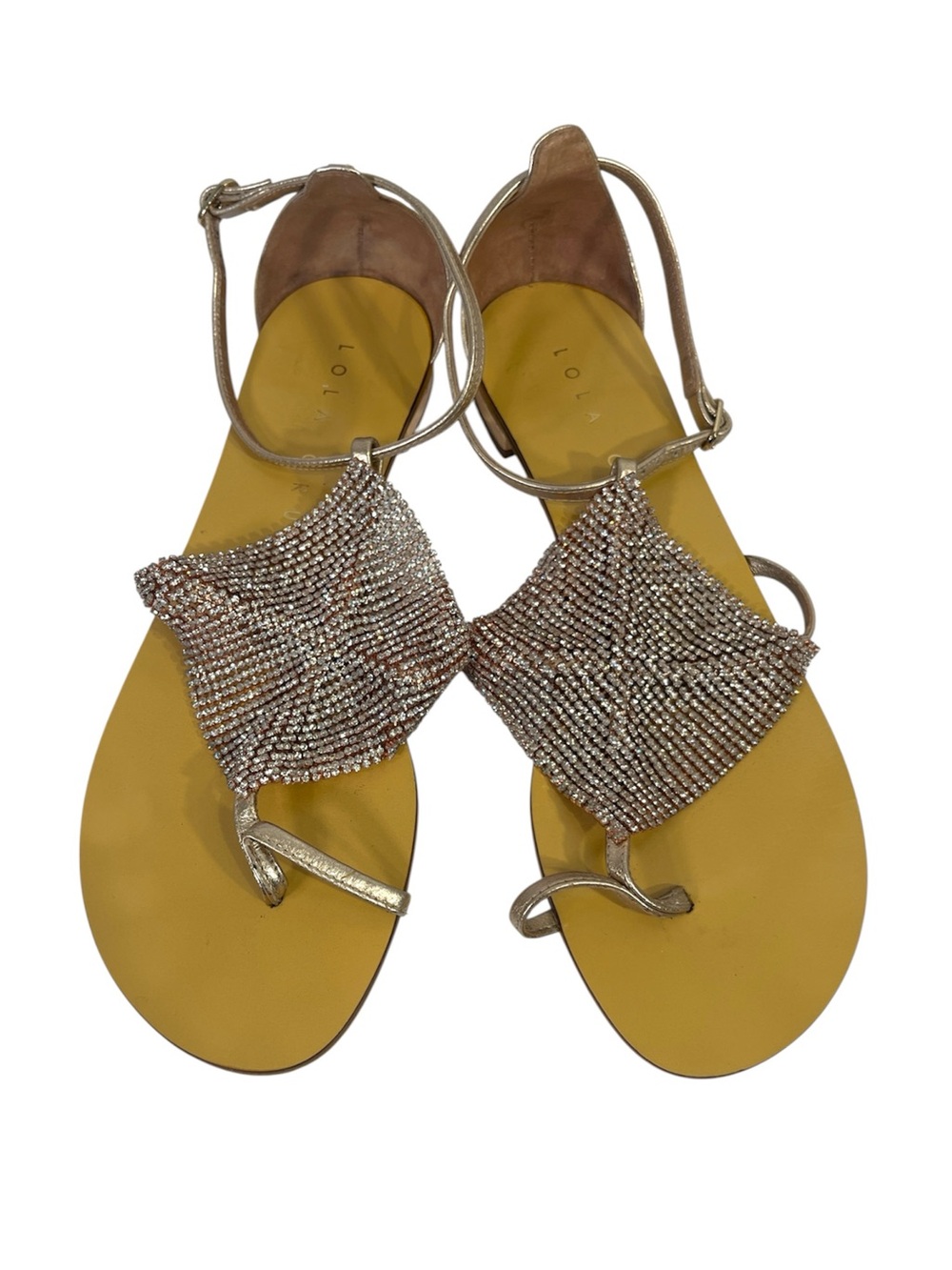 Lola Cruz Crystal Embellished T-Strap Rose Gold Leather Sandal Size 40 or US 10